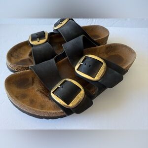 Birkenstock Arizona Black Leather Big Buckle Sandals Shoes Size 38 No. 245